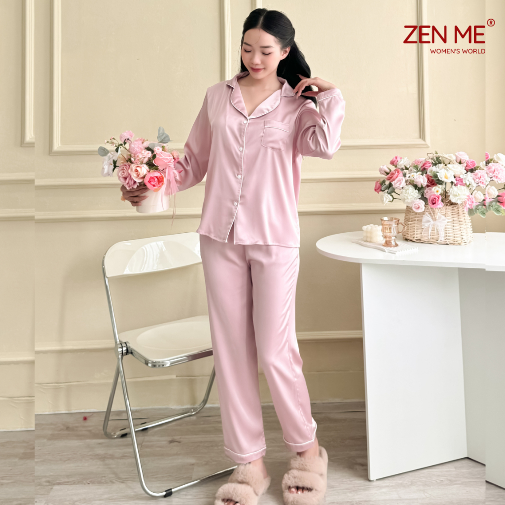 Đồ bộ ngủ nữ thu đông pijama tay dài quần dài lụa latin Việt Nam cao cấp Zen Me Women’s World  PJDD1123