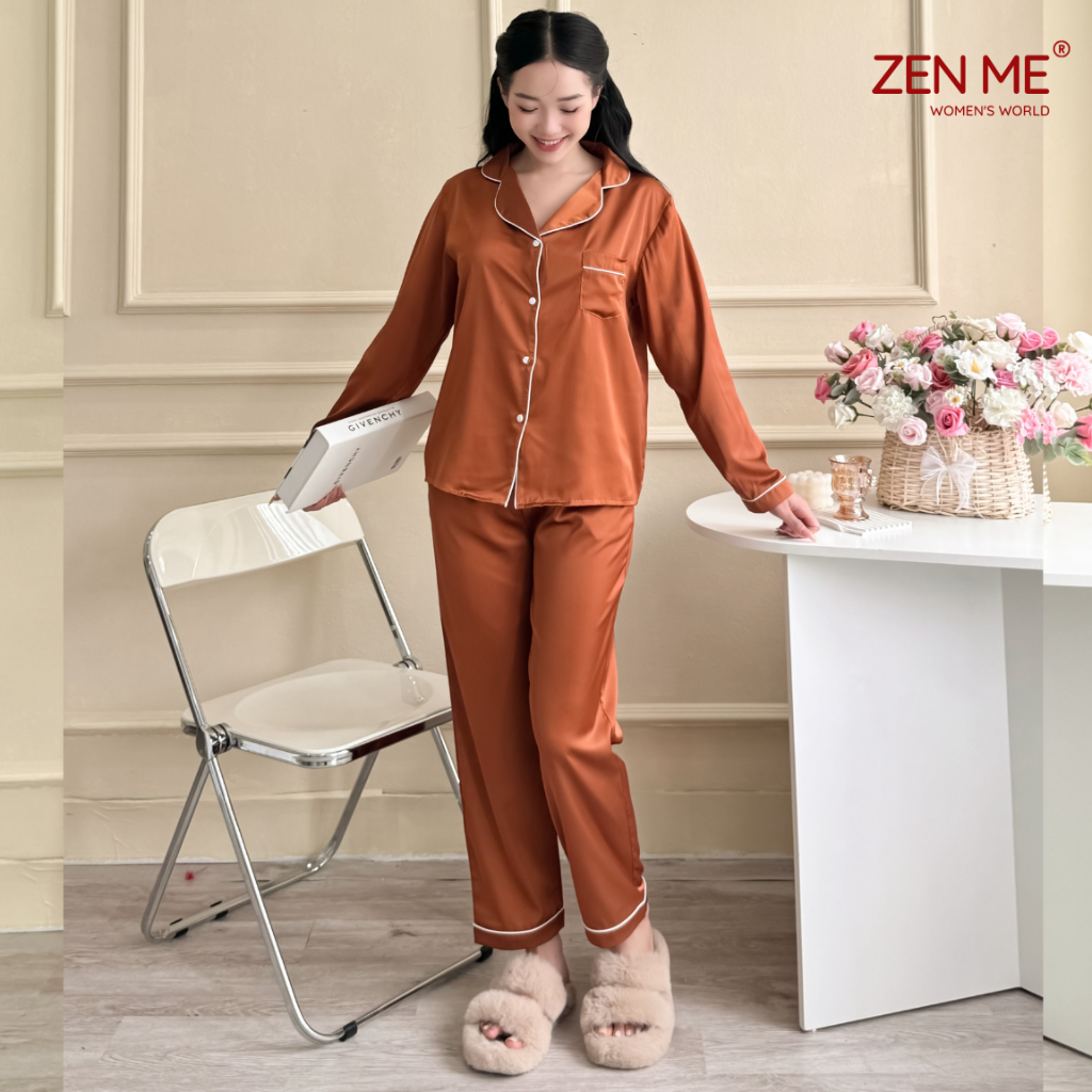 Đồ bộ ngủ nữ thu đông pijama tay dài quần dài lụa latin Việt Nam cao cấp Zen Me Women’s World  PJDD1123
