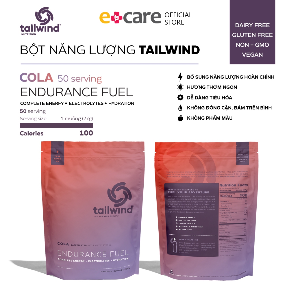 Bột Năng Lượng Thể Thao Tailwind Endurance Fuel Cola Caffeinated gói 810g