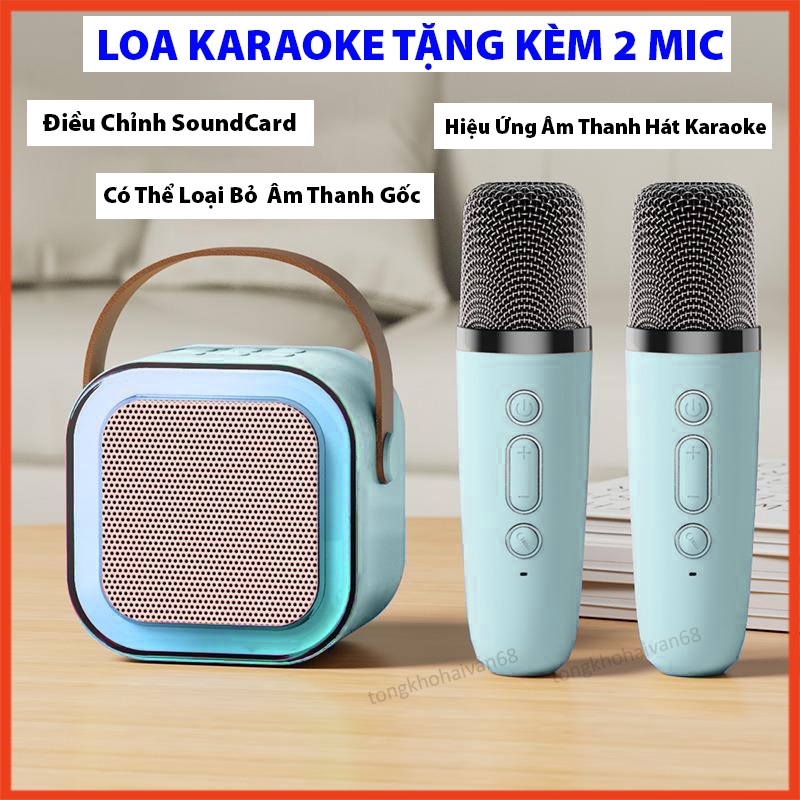 Loa bluetooth mini hát karaoke K12 tặng kèm 2 mic, loa karaoke hát tại nhà, có thể thay đổi giọng nhiều màu lựa chọn