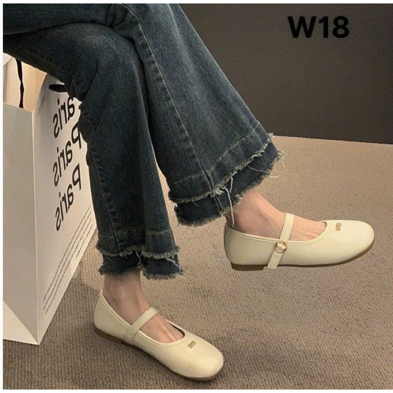 Giày búp bê nơ nữ đế bệt da mềm mũi tròn gắn chữ M75
