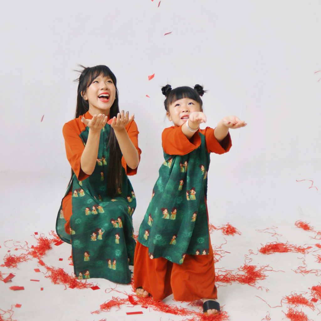 Set áo dài hoạ tiết tiểu thư SET1025 màu xanh