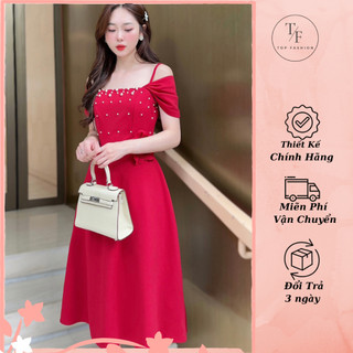 Đầm đỏ trễ vai dự tiệc đính ngọc tôn dáng cao cấp - Váy thiết kế 2 dây trễ vai dáng dài sang trọng
