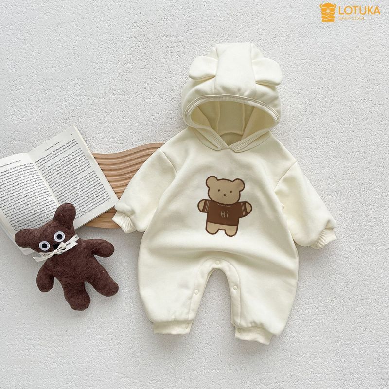 Bodysuit Liền Mũ Lót Lông LOTUKA Mềm Mại Ấm Áp, Bộ Áo Liền Quần Thu Đông Cao Cấp Chất Liệu Co Giãn Size 3-12kg