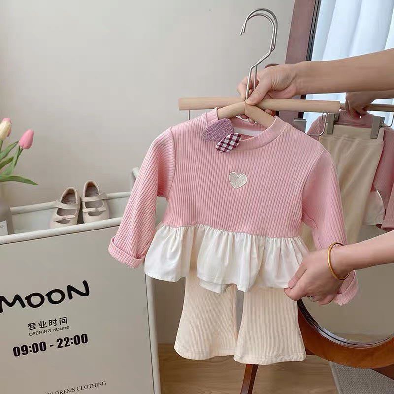 Bộ thu đông bé gái , bộ quần áo tăm thêu tim bánh bèo quần loe sành điệu cho bé gái