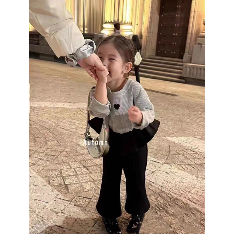 Bộ thu đông bé gái , bộ quần áo tăm thêu tim bánh bèo quần loe sành điệu cho bé gái