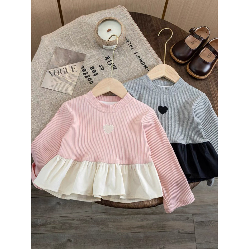 Bộ thu đông bé gái , bộ quần áo tăm thêu tim bánh bèo quần loe sành điệu cho bé gái