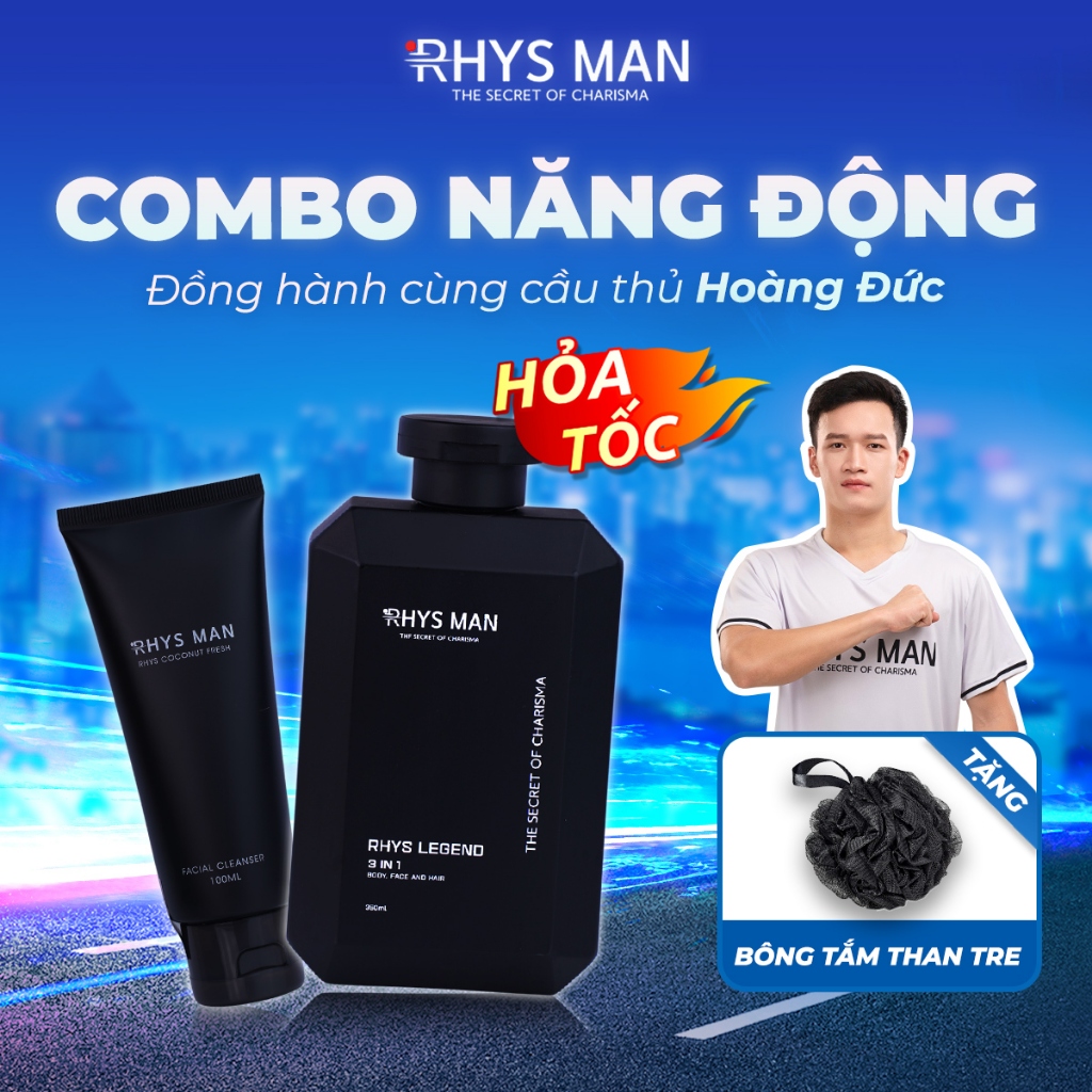 Bộ Quà Tặng Năng Động RHYS MAN - Sữa tắm gội nam hương nước hoa cao cấp 350ml & Sữa rửa mặt hương dừa 100ml