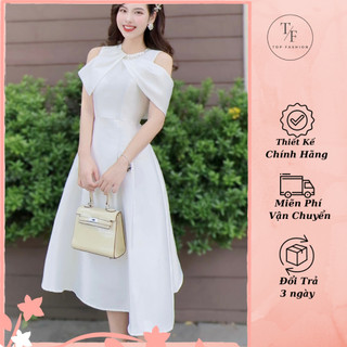Đầm dự tiệc trắng chất Tafta thiết kế hở vai sang chảnh, Váy thiết kế dự tiệc dáng dài cao cấp