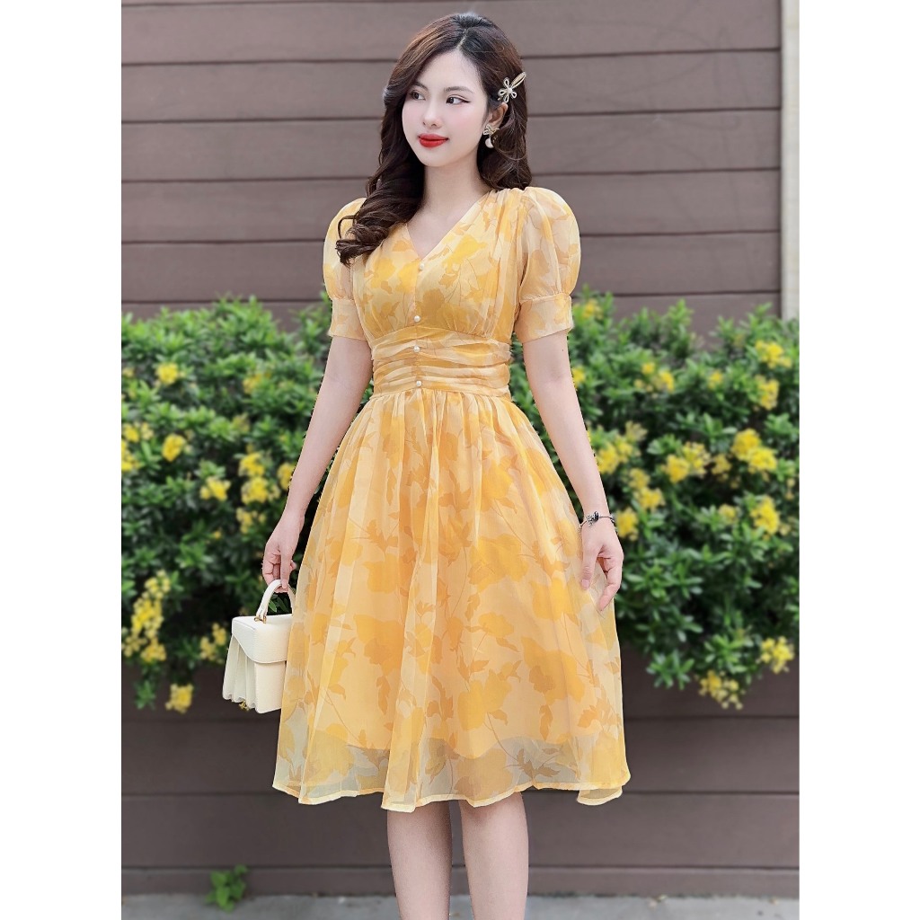 Váy voan hoa thiết kế màu cam, gấp eo, 2 lớp tôn da Giấu Bụng cao cấp, Đầm hoa du lịch thiết kế 100%