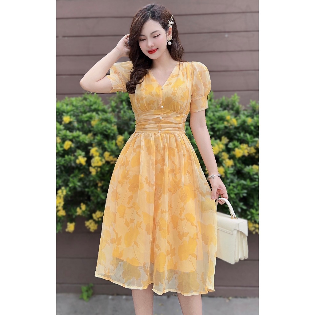 Váy voan hoa thiết kế màu cam, gấp eo, 2 lớp tôn da Giấu Bụng cao cấp, Đầm hoa du lịch thiết kế 100%