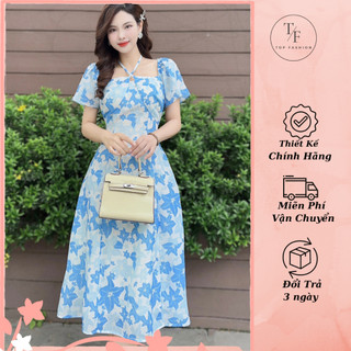 Váy hoa đi biển thiết kế dây đeo cao cấp, dáng dài tôn da  - Đầm du lịch xanh 2 lớp mát mẻ
