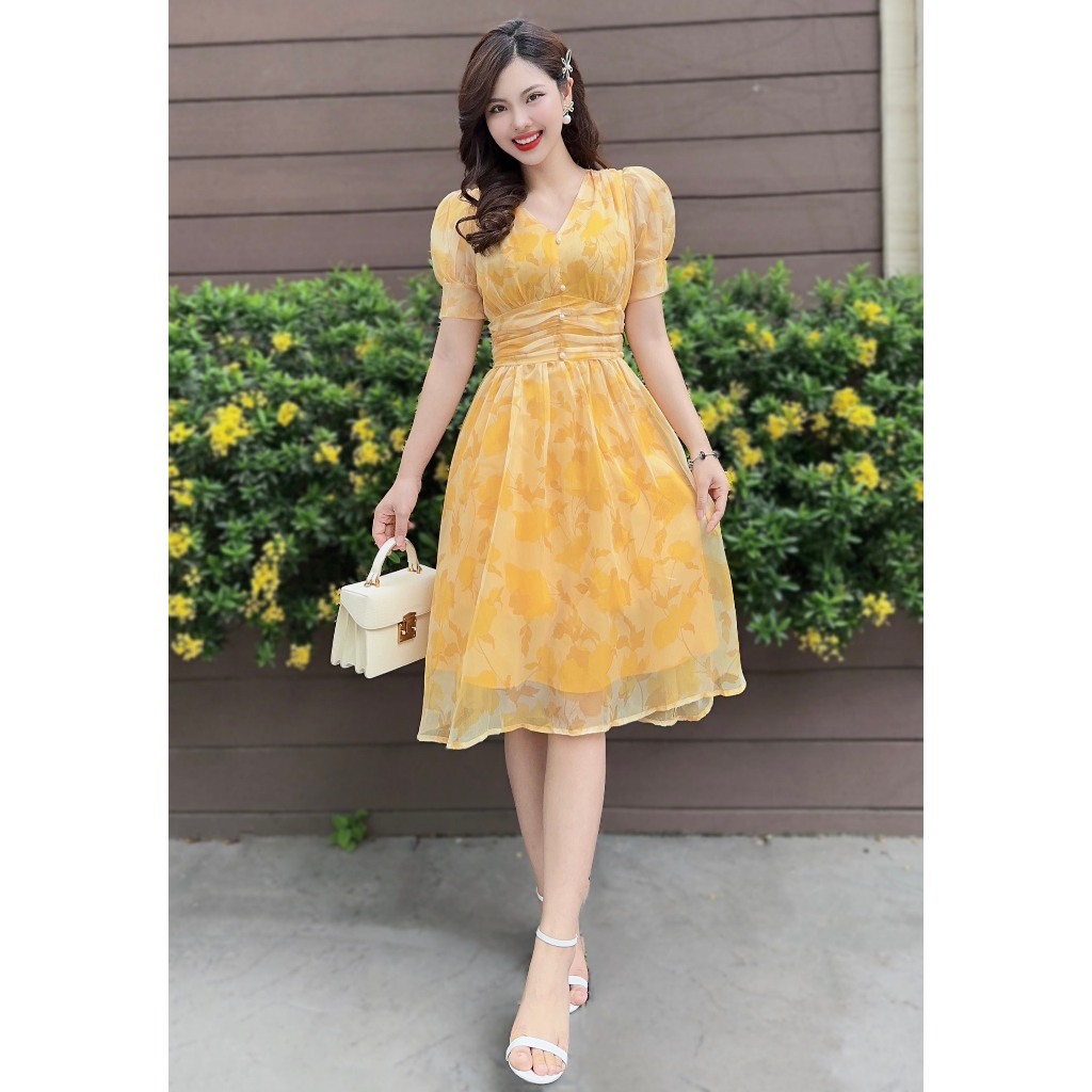 Váy voan hoa thiết kế màu cam, gấp eo, 2 lớp tôn da Giấu Bụng cao cấp, Đầm hoa du lịch thiết kế 100%