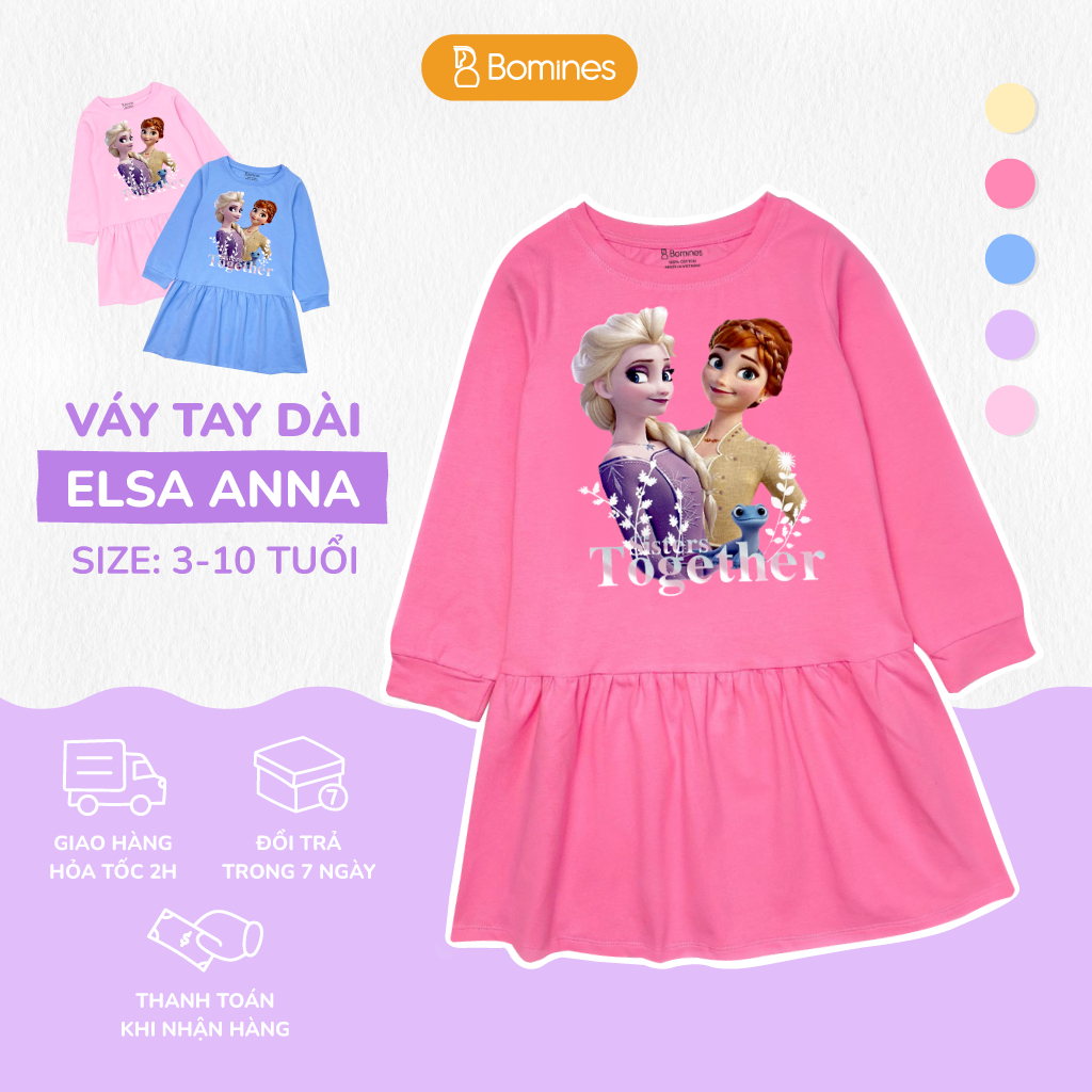 Váy bé gái mùa thu tay dài Elsa Bomines, đầm thun cotton mềm mịn cho bé từ 3- 12 tuổi khoảng 12- 36kg DTDELSAANNA