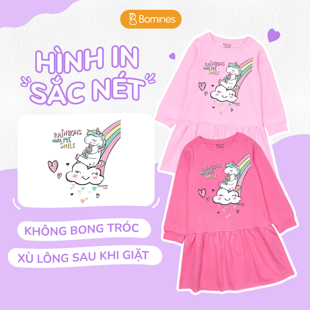 Váy bé gái mùa thu tay dài Kỳ Lân Unicorn Bomines, đầm thun cotton cho bé từ 3- 12 tuổi 12- 36kg DTDUNICORNCAUVONG