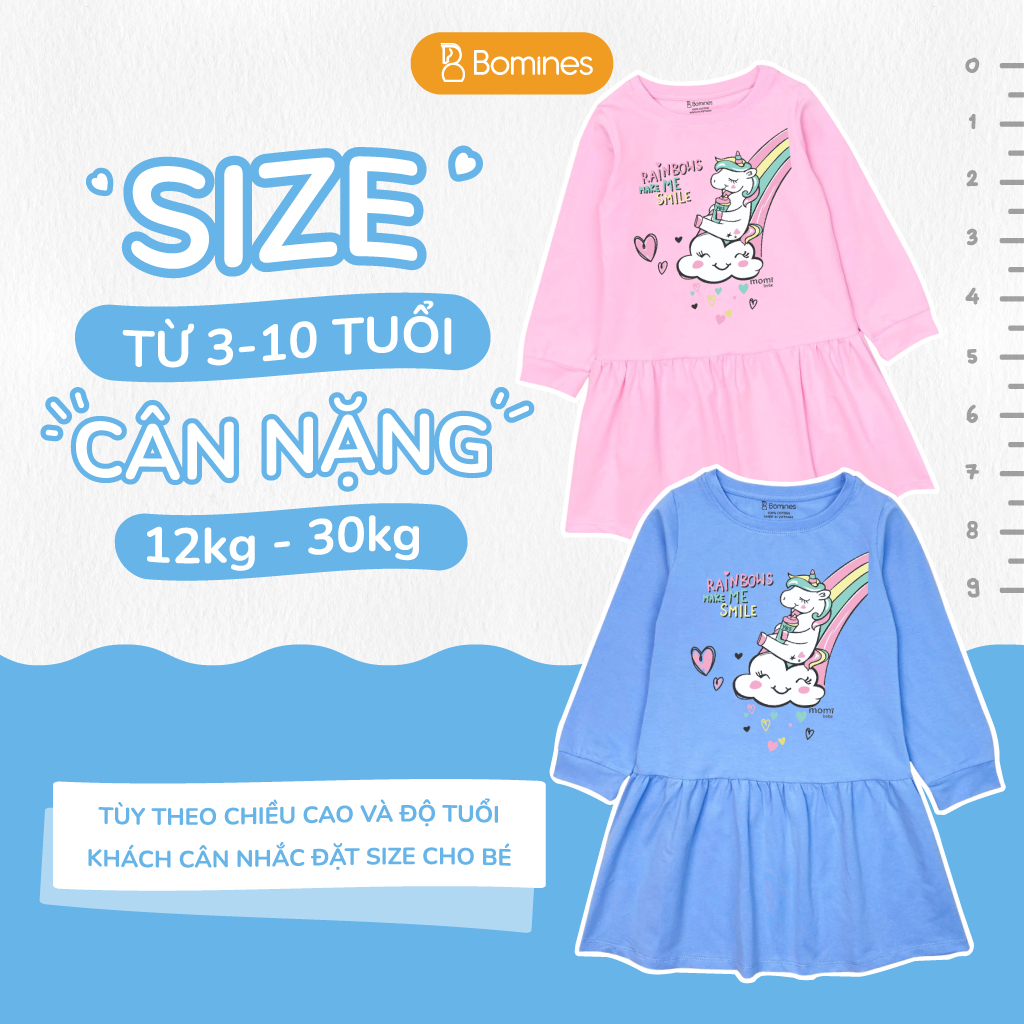 Váy bé gái mùa thu tay dài Kỳ Lân Unicorn Bomines, đầm thun cotton cho bé từ 3- 12 tuổi 12- 36kg DTDUNICORNCAUVONG