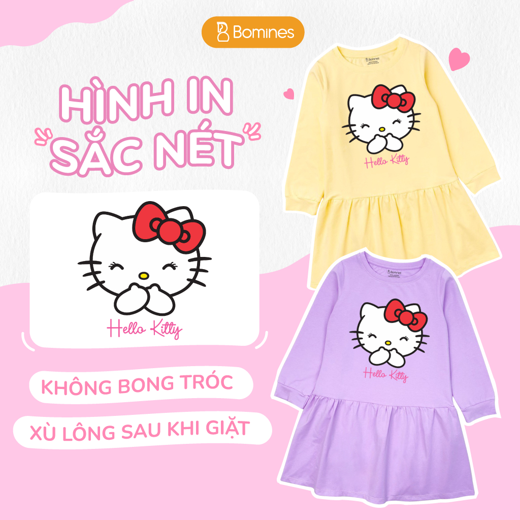 Váy bé gái mùa thu tay dài Hello Kitty BOMINES dễ thương, thun cotton cho bé gái 3- 12 tuổi, 12- 36kg DTDKITTYCUOI