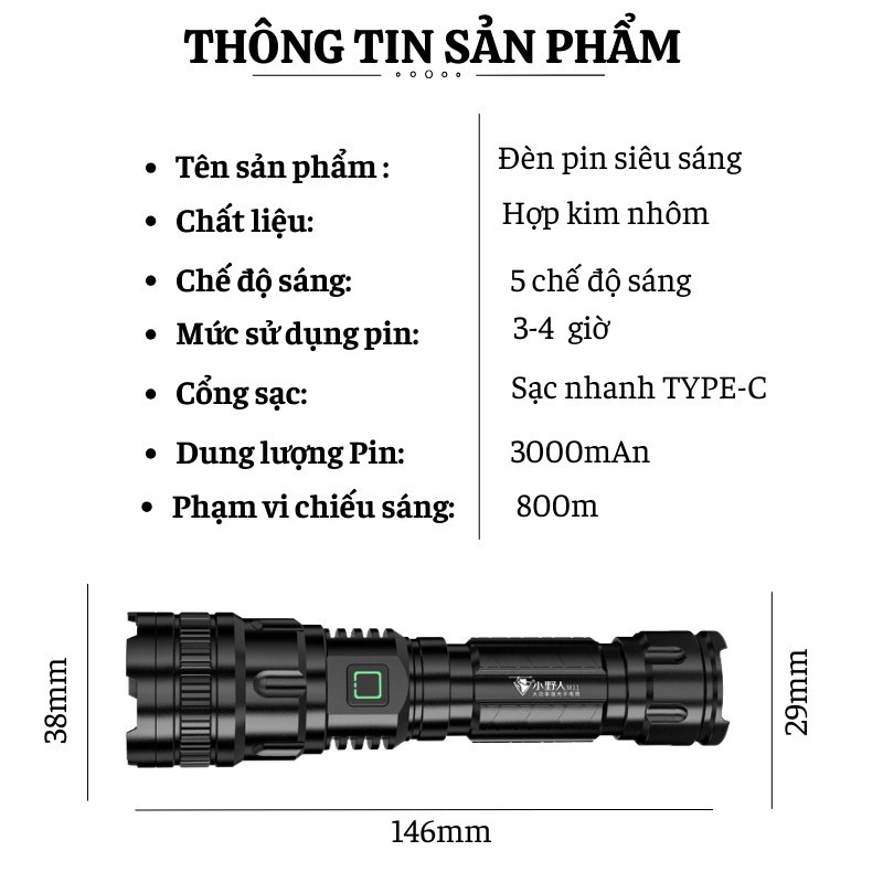 Đèn Pin Siêu Sáng Shikio Mini Cầm Tay Chống Nước Chip Cob XHP50 Vỏ Kim Loại 5 Chế Độ