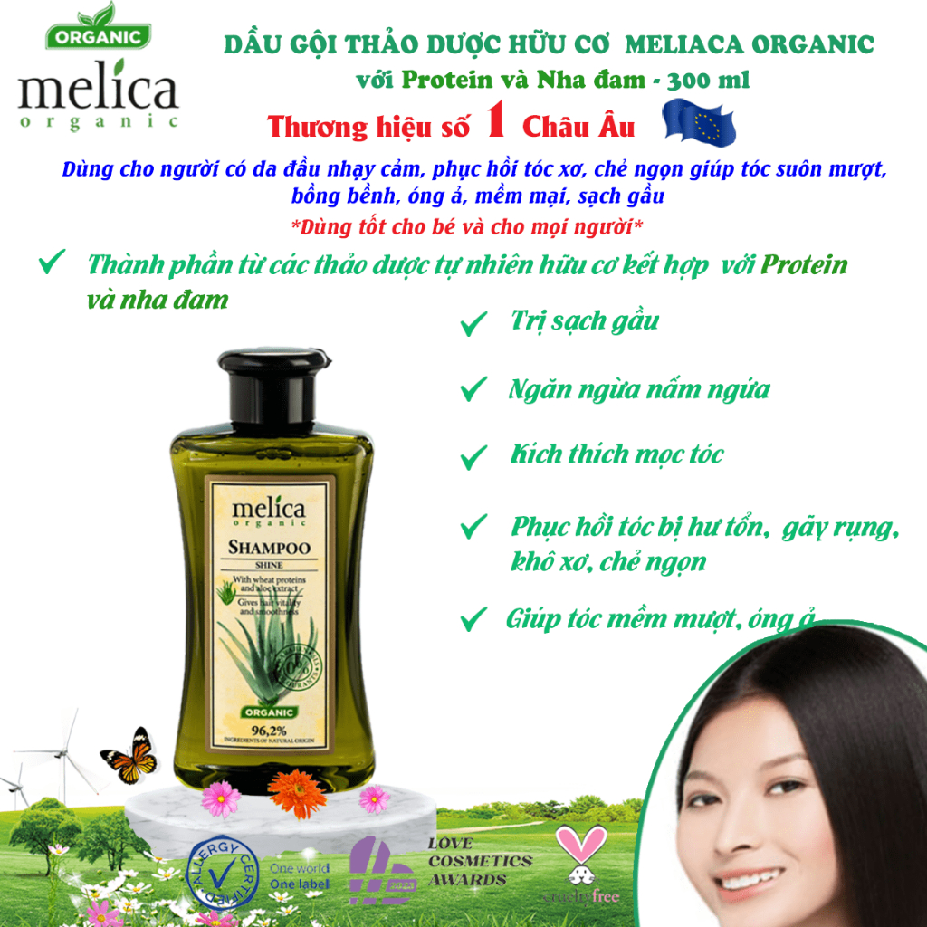 Dầu gội thảo dược hữu cơ Melica 300ml,với tinh chất nha đa và Protein thủy phân giúp sạch gầu ,tóc bóng mượt.