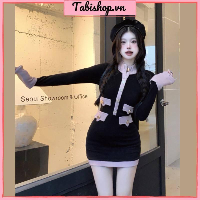 Đầm body đen viền hồng phối túi TABISHOP Váy body dài tay thiết kế tôn dáng sang chảnh đi tiệc đi chơi hottrend