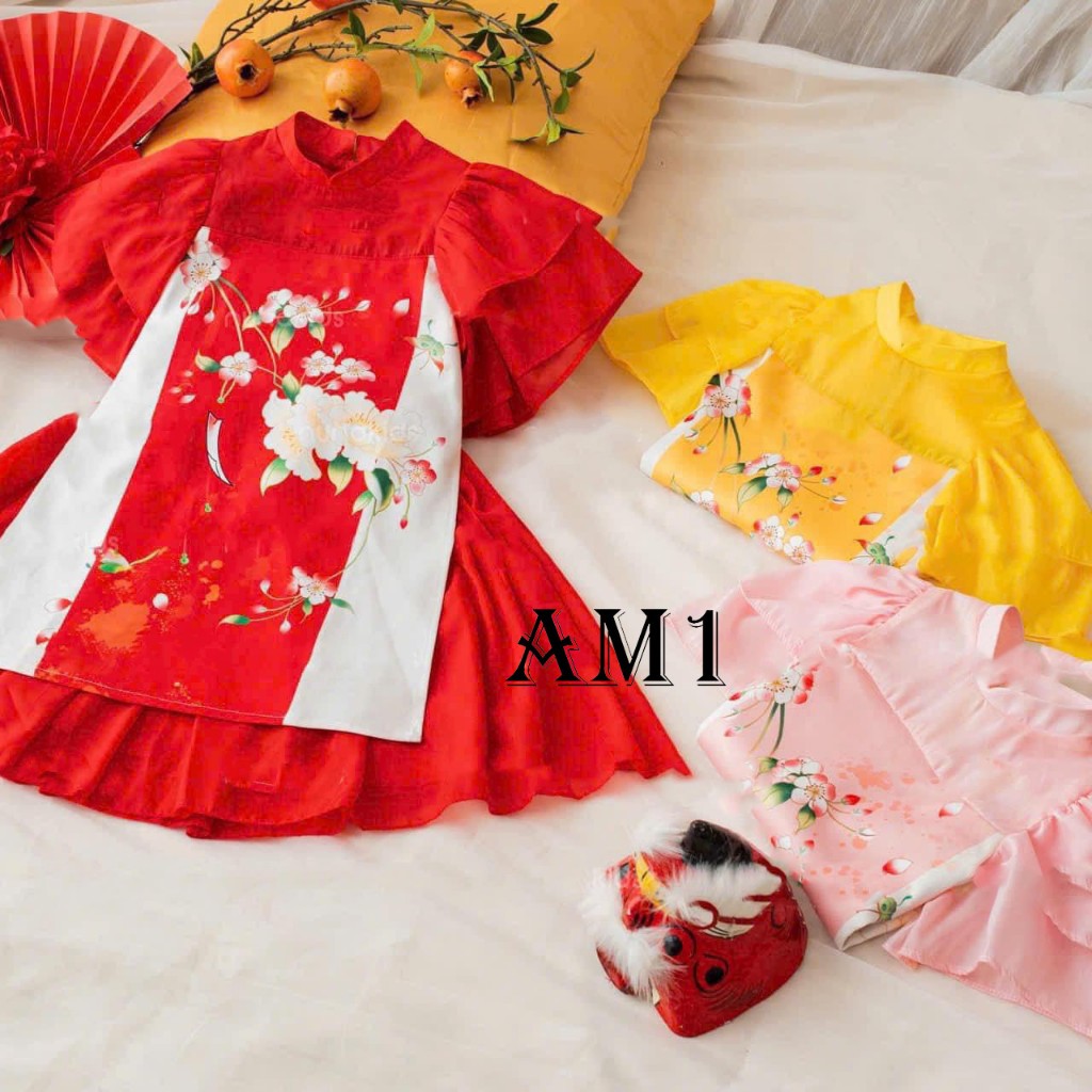 Áo dài bé gái truyền thống hoa anh đào QATE634 TB193 Áo dài Tết hoa đào cho bé gái TB394 TN395