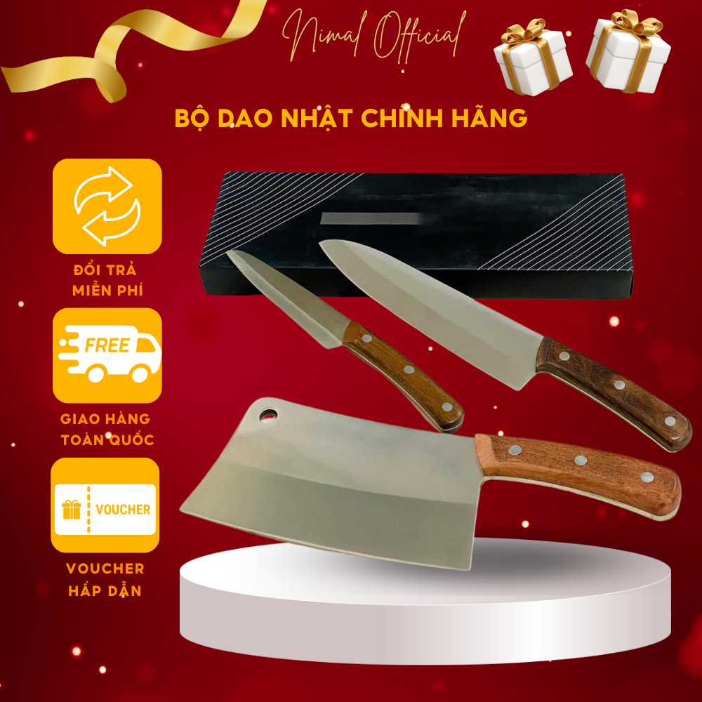 Bộ dao nhà bếp 3 món chặt, thái, gọt hoa quả Nimal thép không gỉ, kháng khuẩn