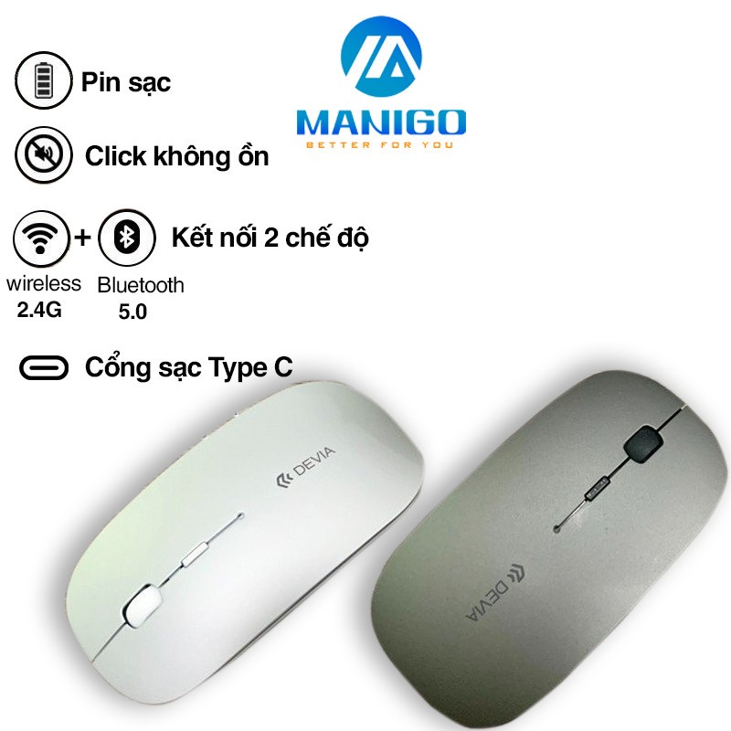 Chuột máy tính Gaming Devia có 2 chế độ kết nối bluetooth và kết nối không dây 2.4G, nhỏ nhẹ pin 400mAh có bảo hành