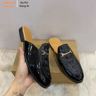 Giày sục nam màu đen da PU Hàng Kĩ khuy hợp kim dập vân cá sấu sục da nam lót vàng size 38-43