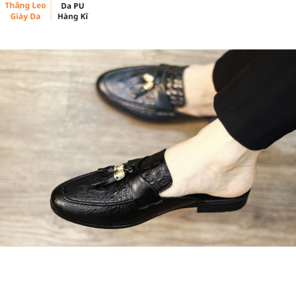 Giày sục nam màu đen da PU Hàng Kĩ đai chuông vàng dập vân cá sấu sục da nam size 38-43