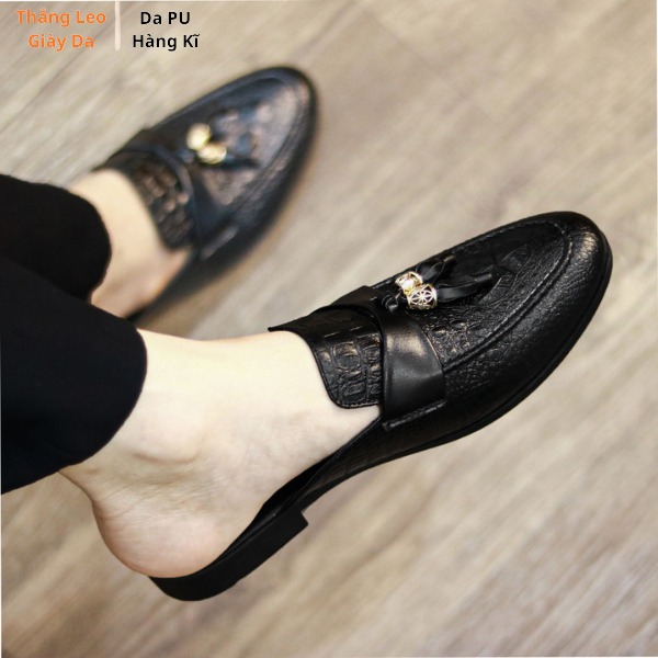 Giày sục nam màu đen da PU Hàng Kĩ đai chuông vàng dập vân cá sấu sục da nam size 38-43