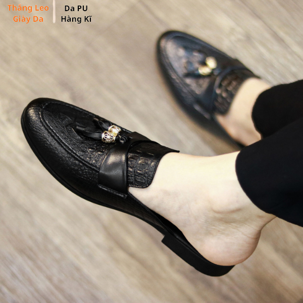 Giày sục nam màu đen da PU Hàng Kĩ đai chuông vàng dập vân cá sấu sục da nam size 38-43