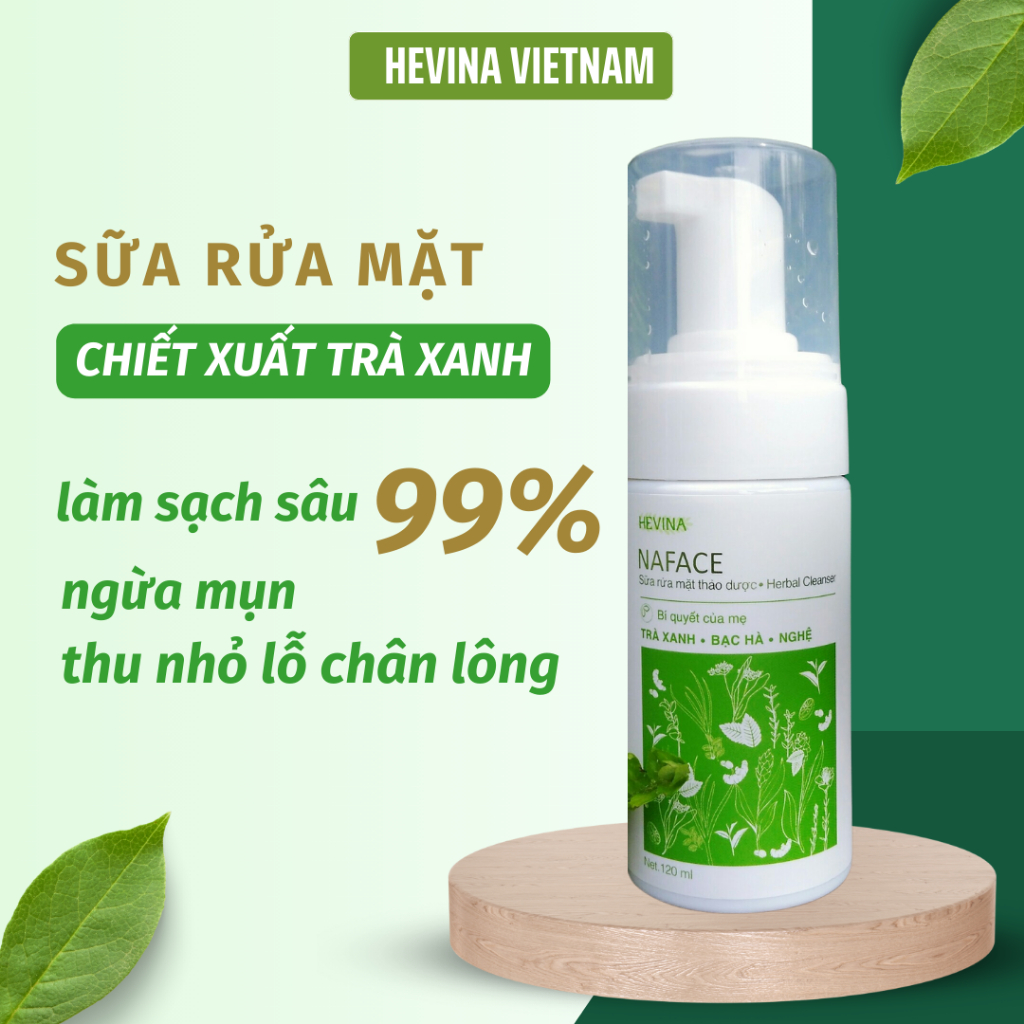 Sữa Rửa Mặt Thảo Dược Naface, Trà Xanh, Nghệ Dưỡng Ẩm Thu Nhỏ Lỗ Chân Lông Làm Sạch Sâu, An Toàn 120Ml - Hevina