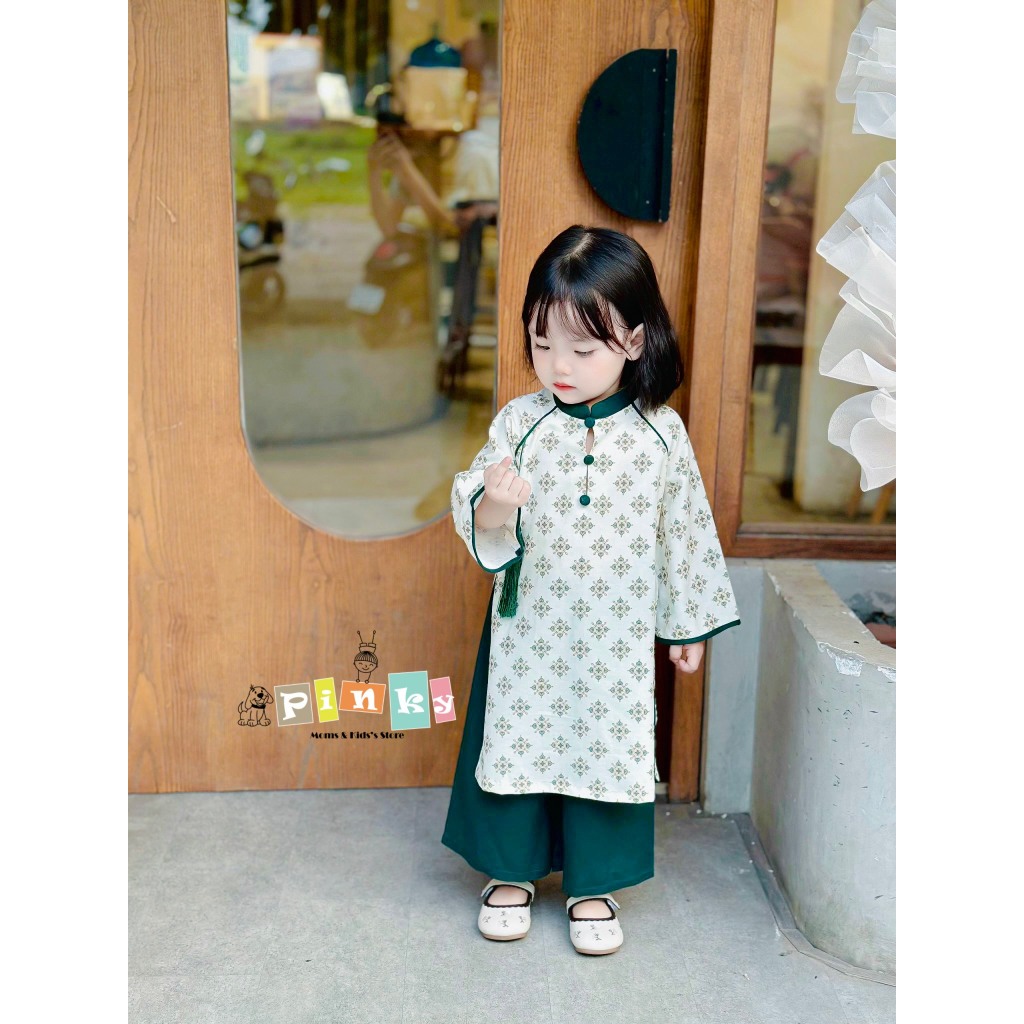 Set áo dài bé trai, bé gái cao cấp, màu xanh, hoạ tiết vintage, chất đũi lụa mềm mịn, không nhăn, size từ 80 đến 130