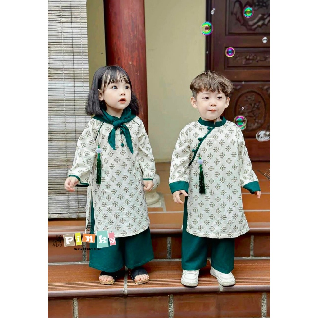 Set áo dài bé trai, bé gái cao cấp, màu xanh, hoạ tiết vintage, chất đũi lụa mềm mịn, không nhăn, size từ 80 đến 130
