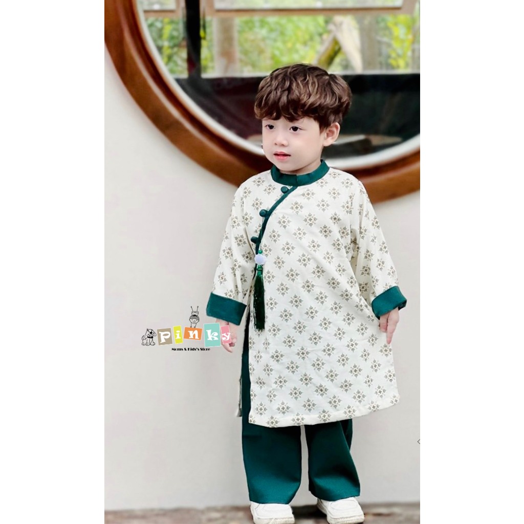 Set áo dài bé trai, bé gái cao cấp, màu xanh, hoạ tiết vintage, chất đũi lụa mềm mịn, không nhăn, size từ 80 đến 130