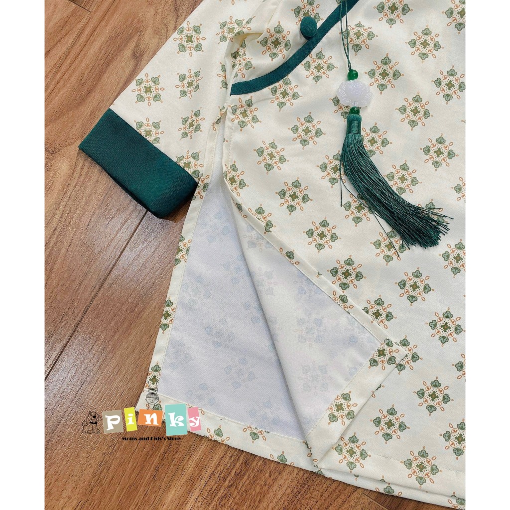 Set áo dài bé trai, bé gái cao cấp, màu xanh, hoạ tiết vintage, chất đũi lụa mềm mịn, không nhăn, size từ 80 đến 130
