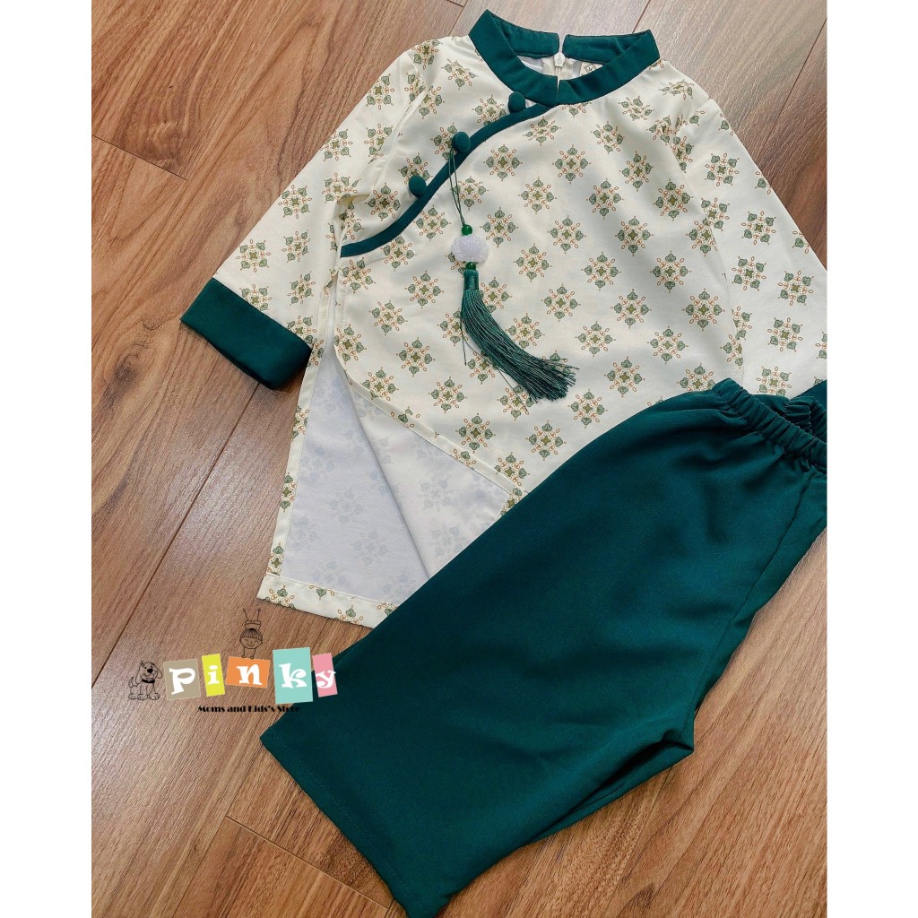 Set áo dài bé trai, bé gái cao cấp, màu xanh, hoạ tiết vintage, chất đũi lụa mềm mịn, không nhăn, size từ 80 đến 130