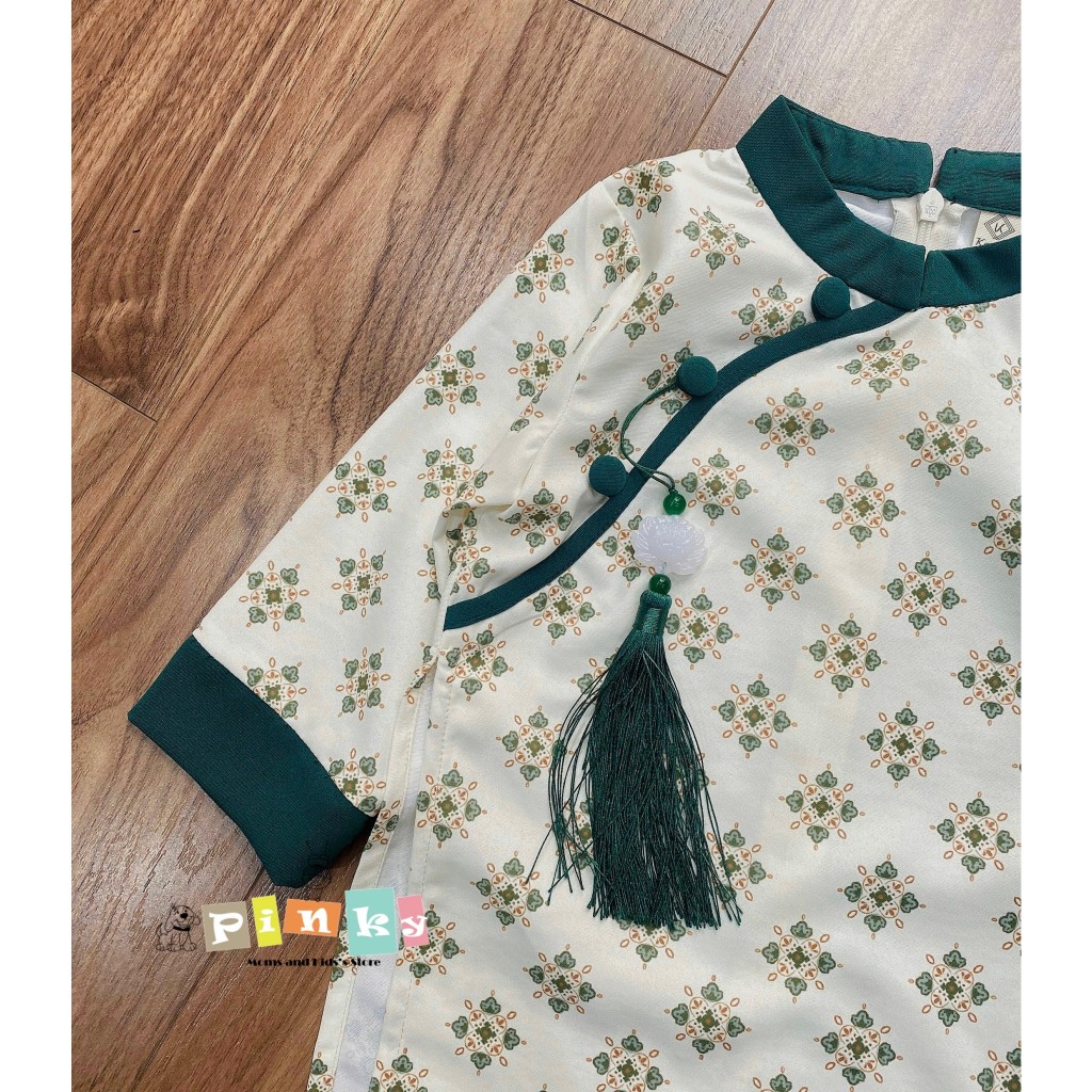 Set áo dài bé trai, bé gái cao cấp, màu xanh, hoạ tiết vintage, chất đũi lụa mềm mịn, không nhăn, size từ 80 đến 130