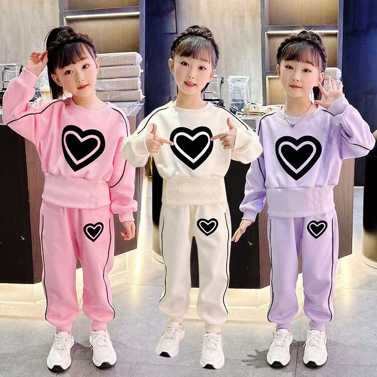 Quần Áo Cho Bé Gái, Đồ Bộ Bé Gái Thu Đông Họa Tiết In Hình Trái Tim Dễ Thương Cho Bé 10 - 32kg