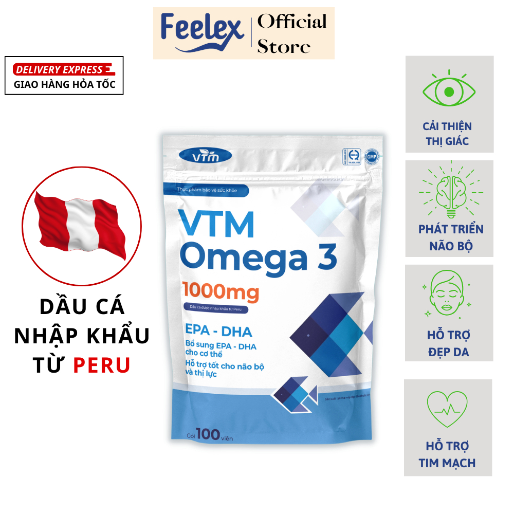 Viên uống dầu cá VTM Omega 3 hỗ trợ não bộ và thị lực - gói 100 viên