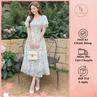 Váy voan hoa dự tiệc thiết kế tay bồng, chun eo, 2 lớp mềm mại, mát mẻ, Đầm hoa dáng xòe cao cấp - Hàng Thiết Kế