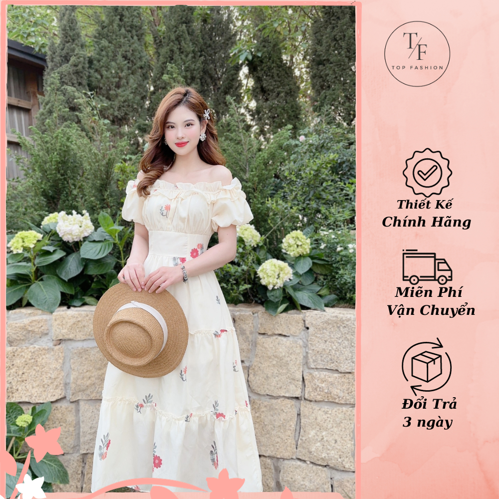 Váy hoa trễ vai chất voan mềm mại phù hợp mùa hè du lịch, đi chơi, Đầm thiết kế tôn dáng cực xinh