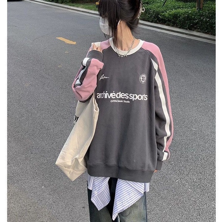 Áo nỉ sweater 2 màu siêu xinh,áo nỉ xám chì phối hồng siêu HOT chất liệu bông trần dầy dặn T37