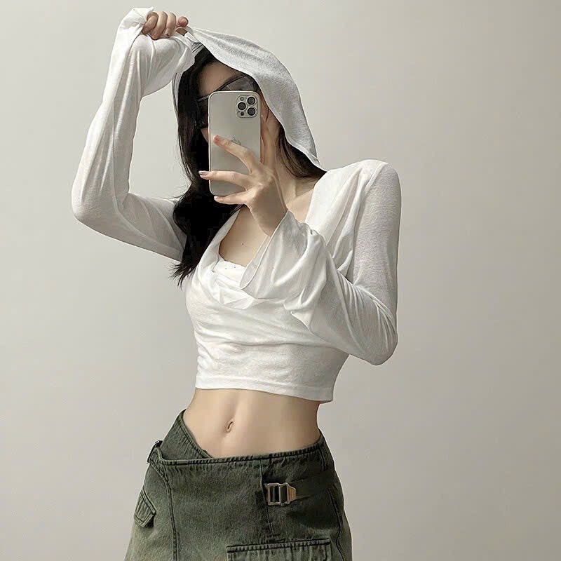 Áo thun croptop nón tay dài cổ đổ dáng ngắn thể thao, bụi bặm TU