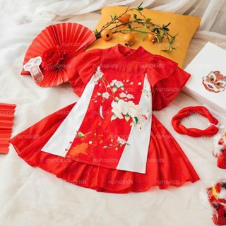 Set áo dài cách tân bé gái áo tay bồng tà áo in hình hoa kèm chân váy xòe chất liệu lụa mềm mịn form xinh tặng kèm mấn