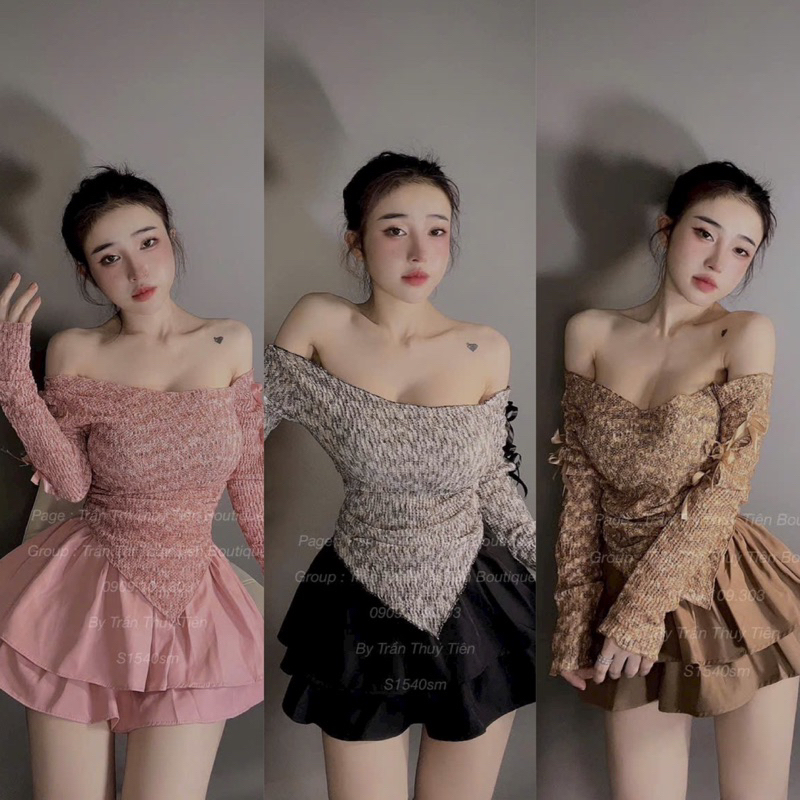 Set Bộ Áo Kiểu Ren Mè Sọc Loang Trễ Vai Tay Dài Đính Nơ + Chân Váy Bí Xoè Có Lót Quần Hot