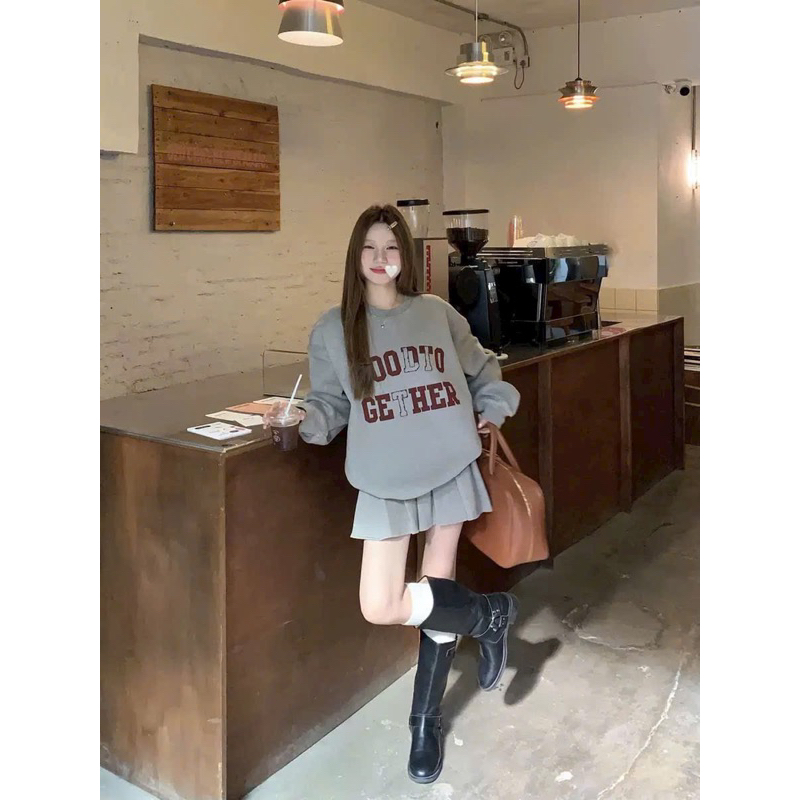 SET CHÂN VÁY XẾP LY ÁO HOODE XÁM