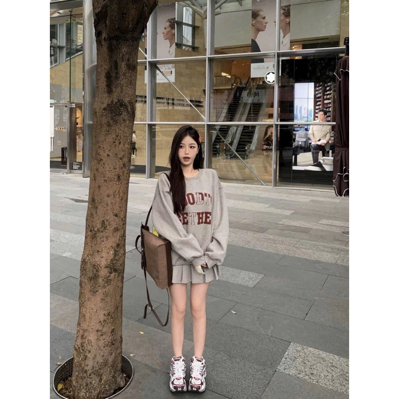 SET CHÂN VÁY XẾP LY ÁO HOODE XÁM