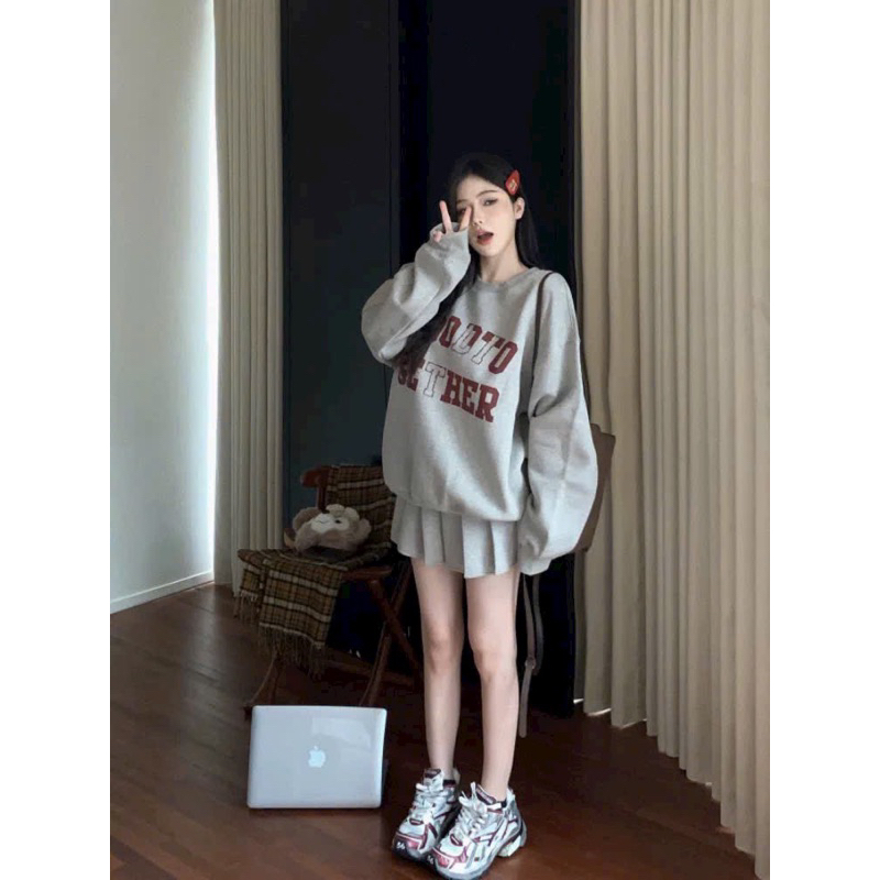 SET CHÂN VÁY XẾP LY ÁO HOODE XÁM