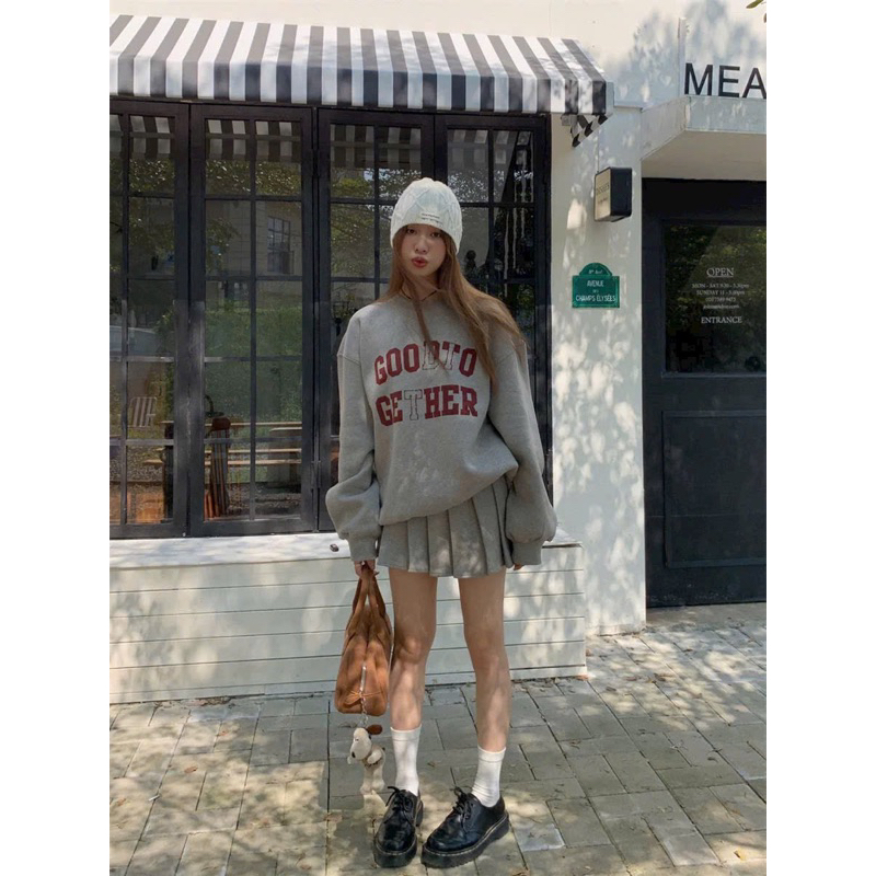 SET CHÂN VÁY XẾP LY ÁO HOODE XÁM